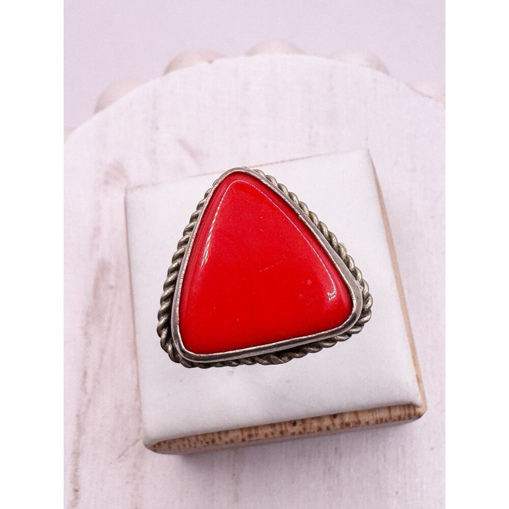 Vintage Red Coral Triangular Brass Silver Plated Boho Bohemian Ring Sz 10